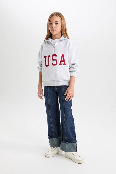 DeFacto Girls Soft Feather Printed Sweatshirt - Relax Fit, Half Zip D4273A824Wn