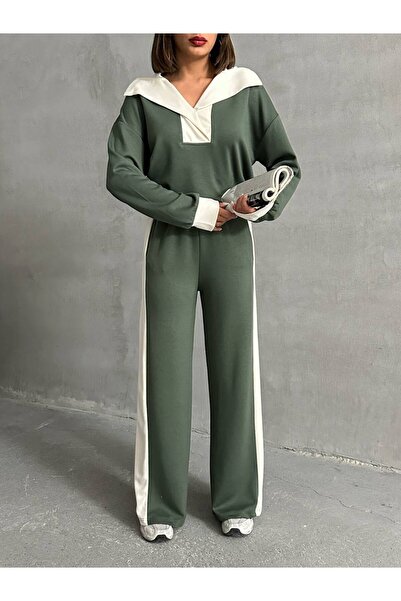 VESS MODA Women's Premium Quality Stripe and Snap Detailed Modal Fabric Bottom Top Tracksuit Set