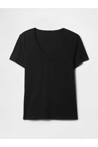 GAP Tricou negru din bumbac cu decolteu în V pentru femei