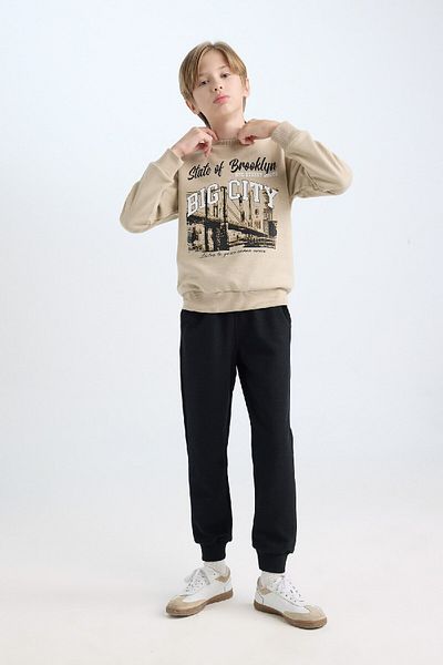 DeFacto 2-Piece Set for Boy - Printed Crew Neck Thick Sweatshirt and Elastic Jogger Sweatpants