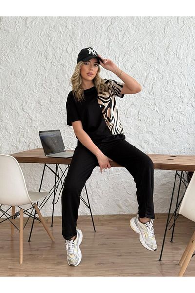 Viyamo New Season Women's Crew Neck Short Sleeve Leopard Pattern Blouse and Trousers Double Suit