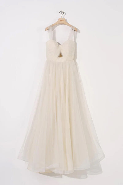 cercis Straplez Drapeli Uzun Tül Elbise