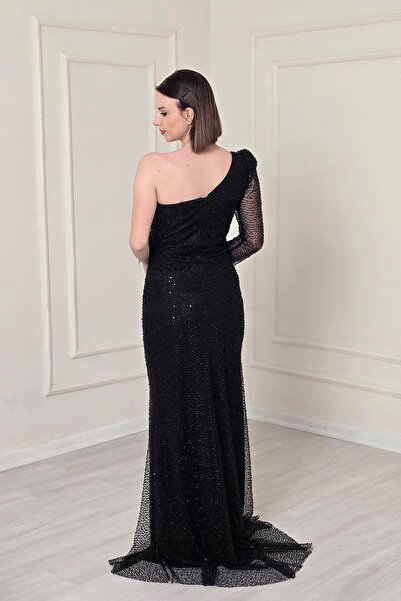 Yonca Moda Evi Siyah Tek Kol Abiye 5280