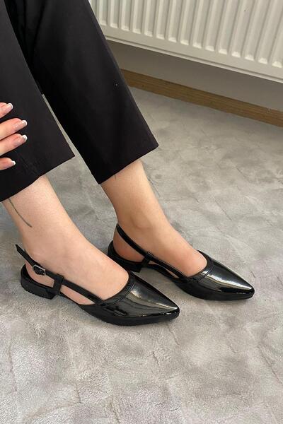 Preshley Women's Tena Black Patent Leather Open Back Pointed Toe Daily Ballerinas