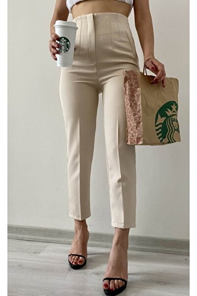 ZY BUTİK Bej Yüksek Bel Krep Kumaş Havuç Pantolon
