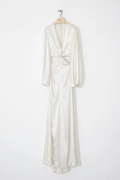 cercis Pencereli Düğüm Detaylı Saten Uzun Elbise