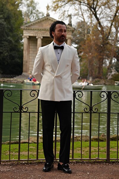 PAREZ Premium Erkek Slim Fit İtalyan Stil  Kruvaze Smokin Puntolu Şal Yaka Da...