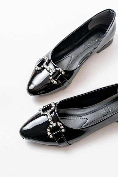 Aymood Black Patent Leather Stone Buckle Daily Women's Ballerinas