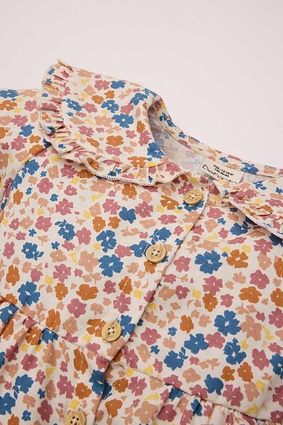 DeFacto Langärmliges Baby-Mädchen-Twill-Kleid mit Blumendruck und Rüschenkragen – D5962A524WN