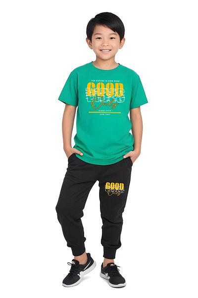 FYK KİDS Boy's Give up Text Printed Summer Top-Bottom Set