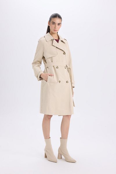 DeFacto Normale Passform, Smoking-Revers, langer Trenchcoat mit Gürteltasche D6524AX25SP