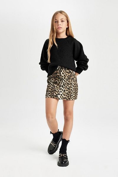 DeFacto Fusta din Gabardină cu buzunare cu model leopard pentru fetiță D5241a824wn