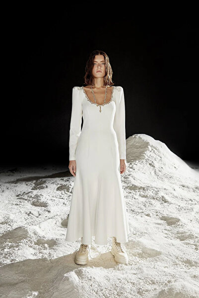 cercis Havuz Yaka Taş İşleme Uzun Elbise