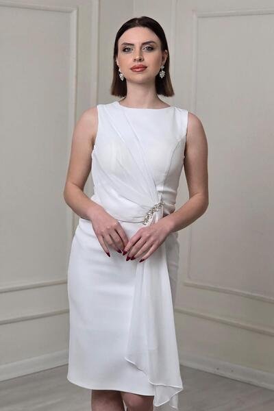 Yonca Moda Evi Beyaz Şifon Detaylı Hürrem Abiye 8287