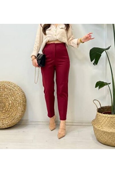 ZY BUTİK Burgundy High Waist Crepe Fabric Carrot Pants