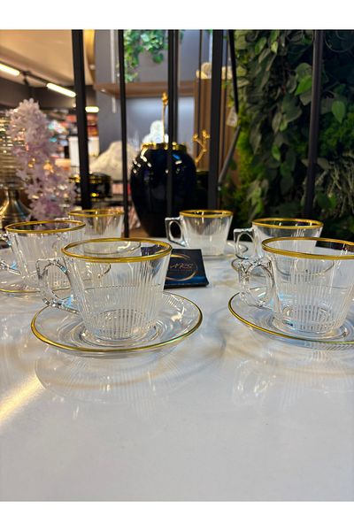 Paşabahçe Ars Pasabahce Gold Gilded Design Coffee Cup, 12 Piece Glass Tea Cup Set with Handles for 6