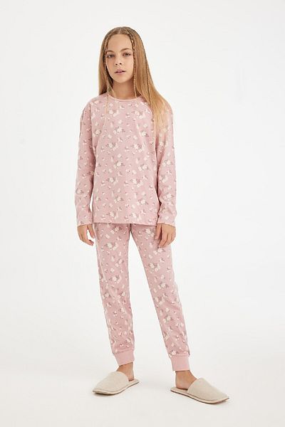 DeFacto Langarm-Pyjama-Set aus Baumwolle mit Blumenmuster für Mädchen D6318a8ns