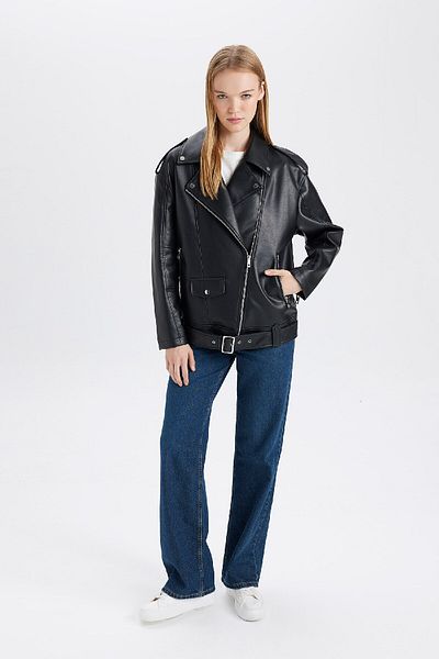 DeFacto B1 wasserabweisende Lederjacke, Mantel, Übergröße, breiter, zweireihiger Kragen, Reißverschlusstaschen, saisonal