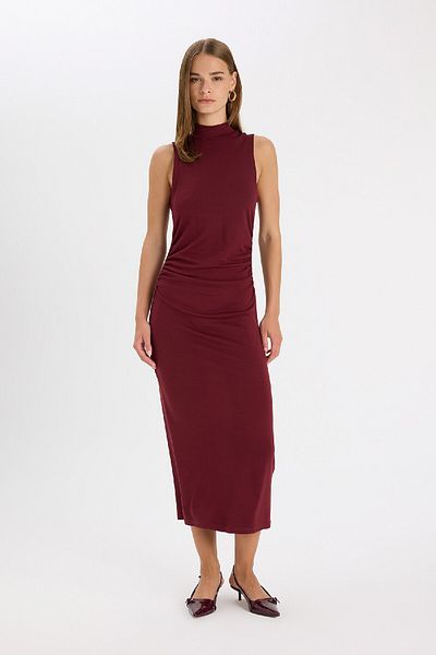 DeFacto Claret Red Bodycon Maxi Φόρεμα - Μισό ζιβάγκο, Αμάνικο D5067ax24au