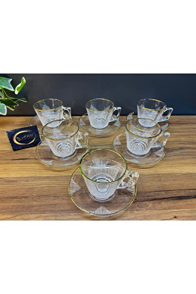 Paşabahçe ARS Gold Altın Yaldızlı Tasarım Kahve Fincanı 6 Kişilik 12 Parça Kulplu Cam Çay Fincanı Takımı, Set