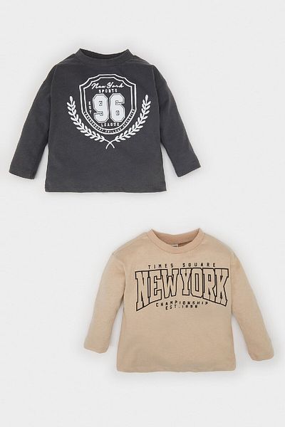 DeFacto Μακρυμάνικο μπλουζάκι Baby Boy Crew με στάμπα 2 τεμαχίων D5763a524wn