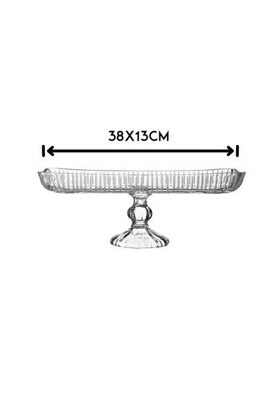Dania Glass serving dish with an elegant design base, suitable for pastries, desserts, fruits, and all uses. Size: 38*13 cm.