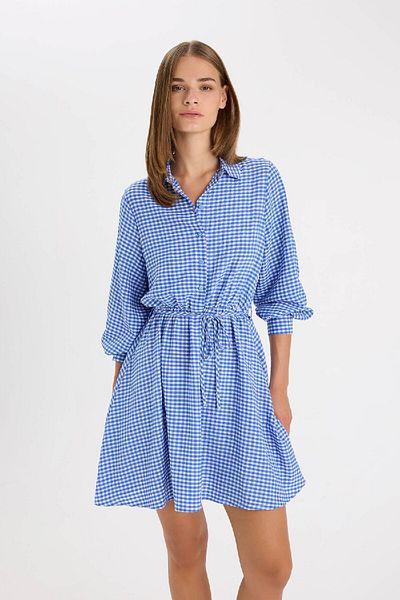 DeFacto Hemdkragen, Gingham, Knopfleiste, Taille, Schnürung, Seersucker, strukturiertes, langärmliges Minikleid D5182ax24au