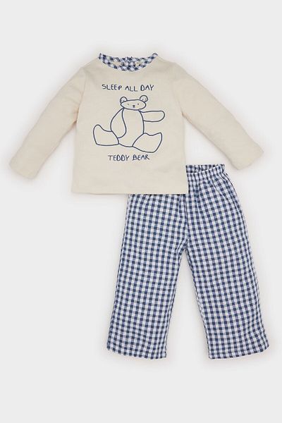 DeFacto Baby Boy Pajama Set - Bear Print, Long Sleeve, Checkered Woven, Bottom D5362A524Wn