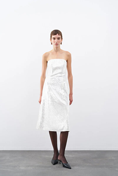 cercis Payetli Straplez Midi Abiye Elbise