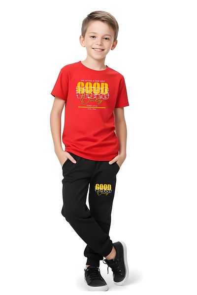 FYK KİDS Boy's Give up Text Printed Summer Top-Bottom Set