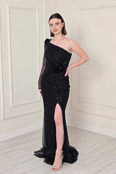 Yonca Moda Evi Siyah Tek Kol Abiye 5280