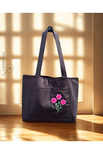 Handream Black Bag with Knitted Flower Bunch Detail and Front Pocket