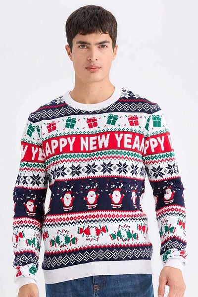 DeFacto Standard Fit Christmas Themed Crew Neck Knitwear Sweater D5489Ax24Wn