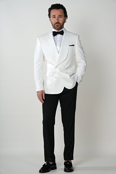 PAREZ Erkek Premium Kruvaze Smokin Damatlık Geniş Şal Yaka İtalyan Stil Ceket Pantolon Papyon-Beyaz