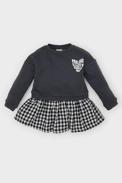 DeFacto Crew Neck Printed Long Sleeve Checkered Skirt Sweat Dress - D5630A524Wn