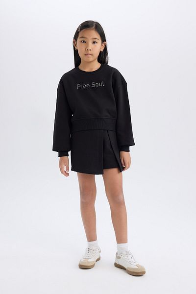 DeFacto 2-Piece Set for Girl - Long Sleeve Printed Sweatshirt and Shorts Skirt D5460A824Wn
