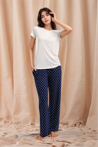 Pierre Cardin Set pijamale din viscoză cu model alb cu mâneci scurte pentru femei Q9P0K5C4K