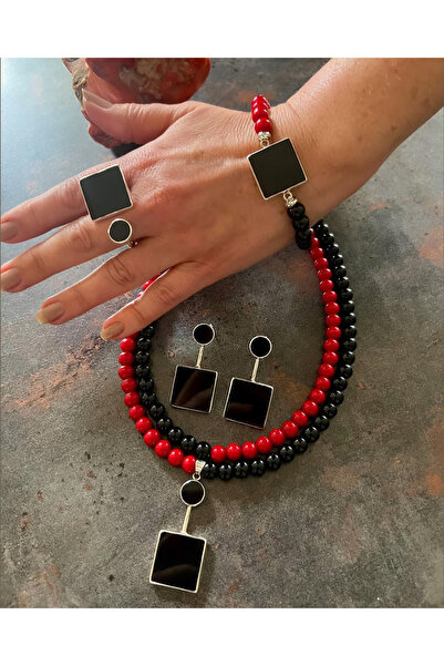 splashtakı 925 Ayar Gümüş Onix Kök Mercan Taşlı Takı Set