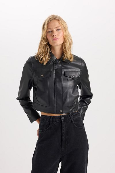 DeFacto Faux Leather Coat with Polo Neck Pocket Zip Snap Fastener - D5774Ax25Sp