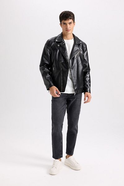DeFacto Slim-Fit Slim-Fit-Polokragen-gefütterter Kunstledermantel mit Reißverschluss C5715AX25SP