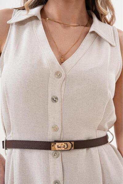 Descoin Καφέ χρυσή κλειδαριά με ραμμένη ζώνη. Γυναικεία ζώνη, ζώνη φορέματος, ζώνη παλτό, ζώνη παντελονιού