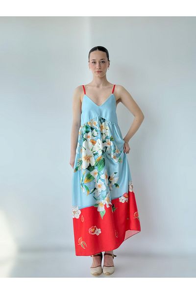 Retrobird Rochie din Satin Culoare Rodie - Caftan de dama cu bretele din satin cu fanta