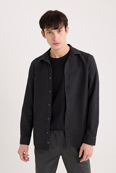 DeFacto Slim Fit Slim Fit Baumwolle Basic Plain Langarm Schwarzes Hemd A4644a...