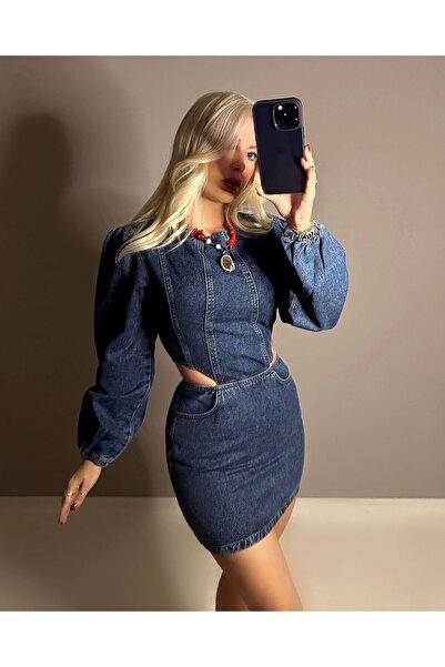handeozbekcollection Sırtı Fermuarlı Yanları Açık Detay Denim Elbise