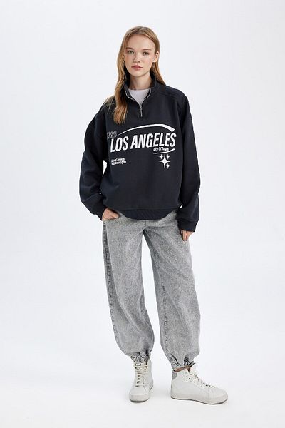 DeFacto Anthracite Stand Collar Printed Thick Fabric Sweatshirt - Half Zipper, Loose Fit D7013Ax24Wn