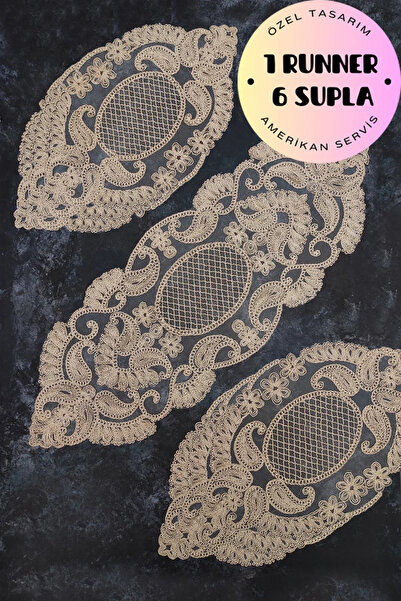 Çt Çeyizci Tekstil Amerikan Servis, 1 Runner 6 Supla Krem Yemek Servis Takımı...