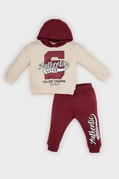 DeFacto Baby Boy 2-Piece Set Hooded Printed Sweatshirt Elastic Waist Sweatpants D7692A524Wn