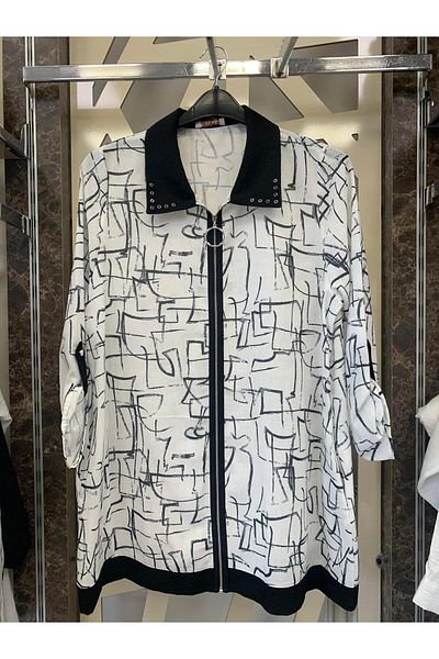 günay boutıque Large Size Patterned Zippered Collar Stone Linen Jacket