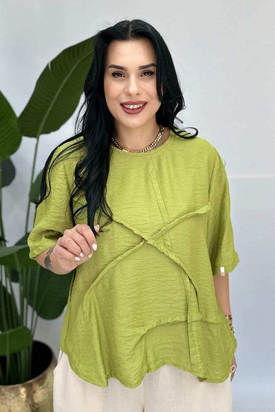 GÖKSEL Geometric Green Linen Bluz Large Size