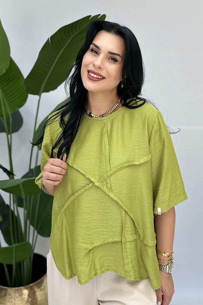 GÖKSEL Geometric Green Linen Bluz Large Size